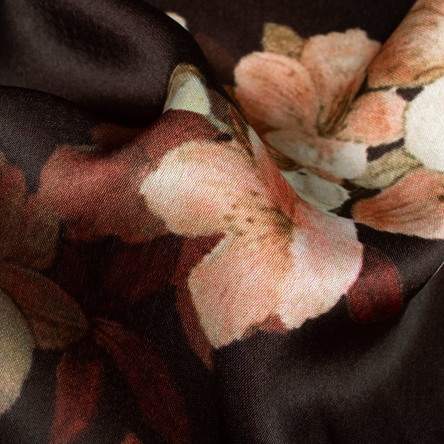 Dark Brown And Peach Floral Pattern Digital Print Japan Satin Fabric