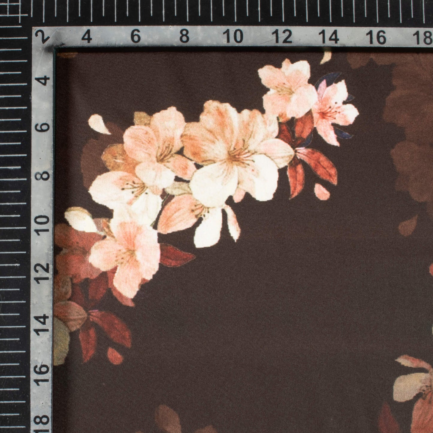 Dark Brown And Peach Floral Pattern Digital Print Japan Satin Fabric