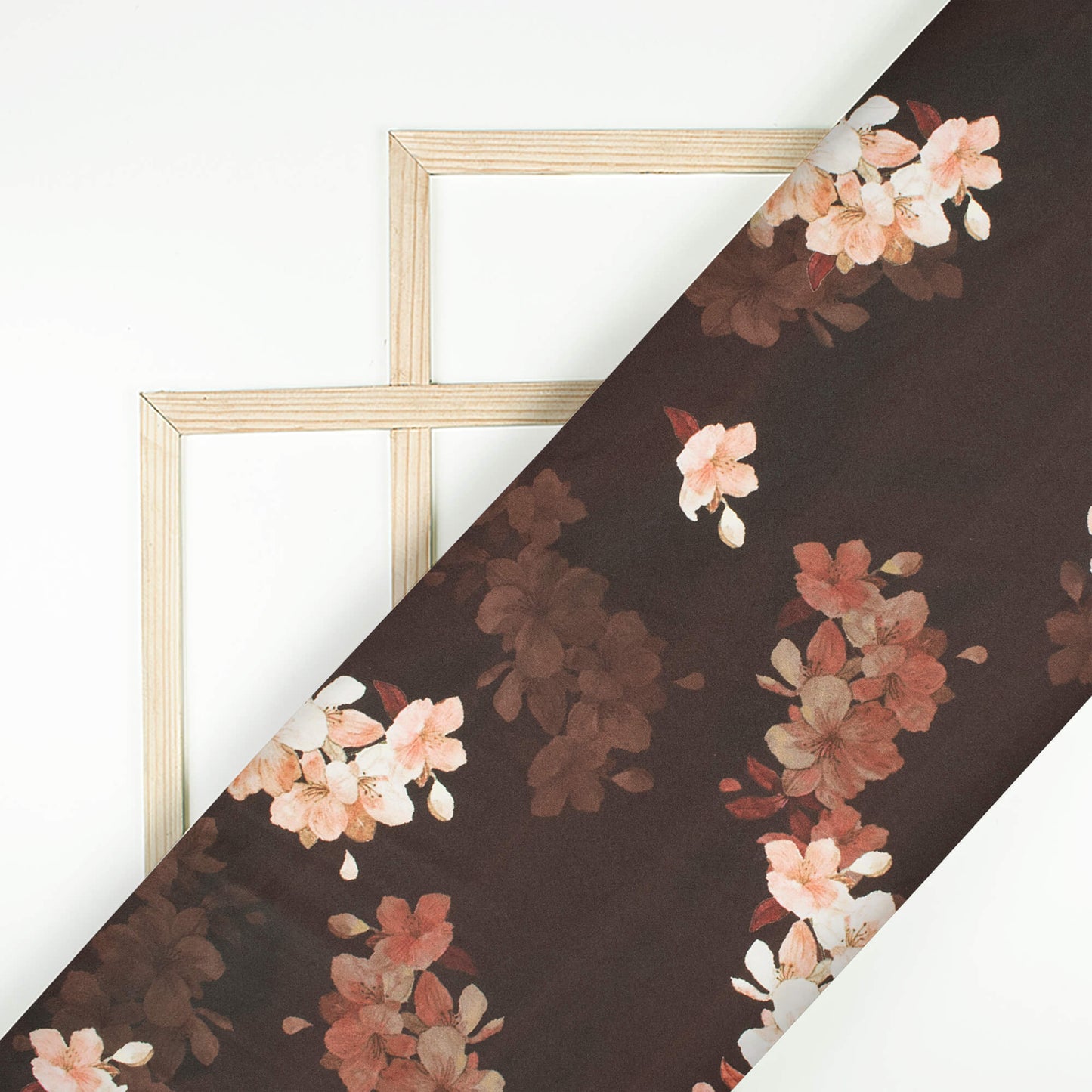 Dark Brown And Peach Floral Pattern Digital Print Japan Satin Fabric