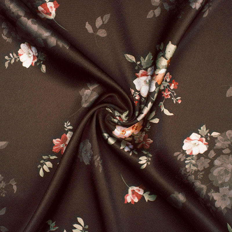 Dark Chocolate Brown And Peach Floral Pattern Digital Print Japan Satin Fabric - Fabcurate