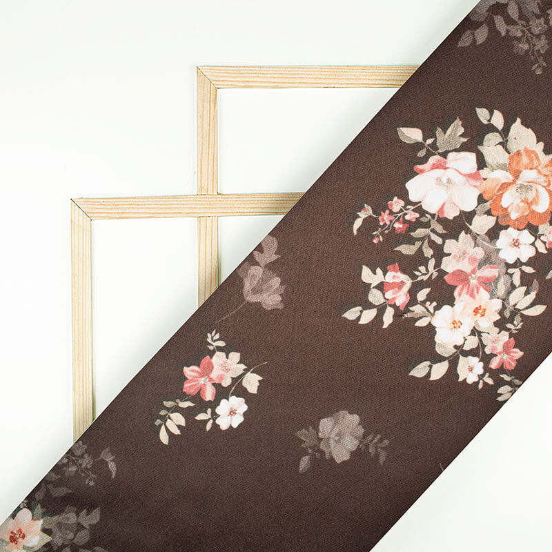 Dark Chocolate Brown And Peach Floral Pattern Digital Print Japan Satin Fabric - Fabcurate