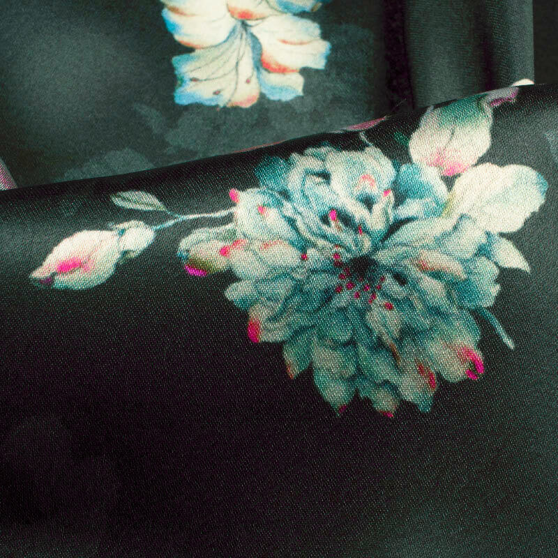 Dark Green And Baby Pink Floral Pattern Digital Print Japan Satin Fabric - Fabcurate