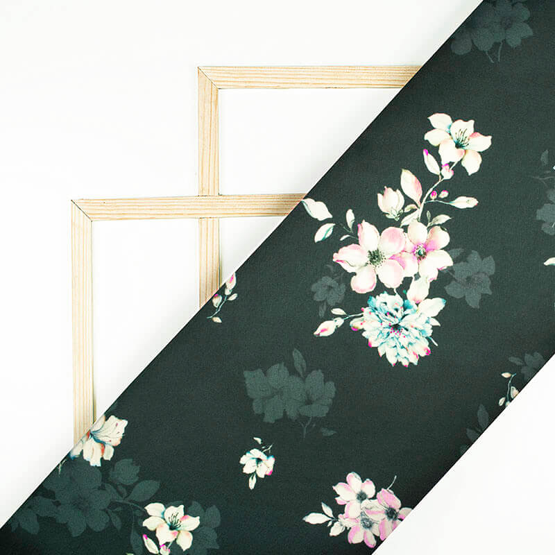Dark Green And Baby Pink Floral Pattern Digital Print Japan Satin Fabric - Fabcurate