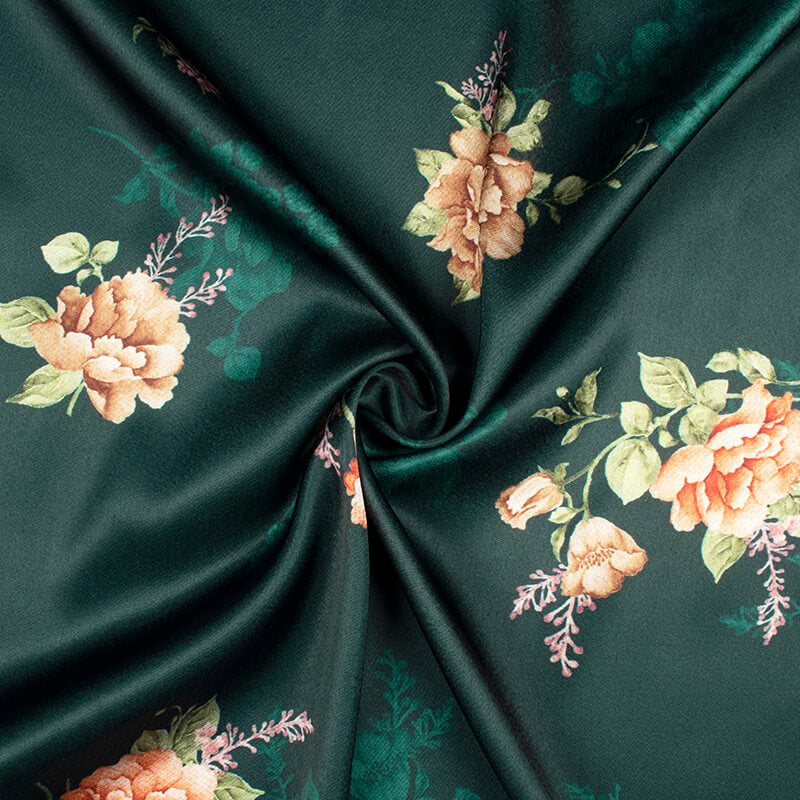 Dark Green And Peach Floral Pattern Digital Print Japan Satin Fabric - Fabcurate