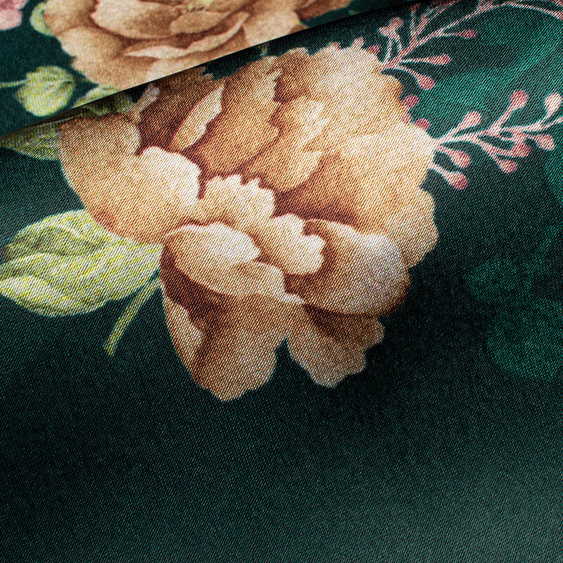 Dark Green And Peach Floral Pattern Digital Print Japan Satin Fabric - Fabcurate