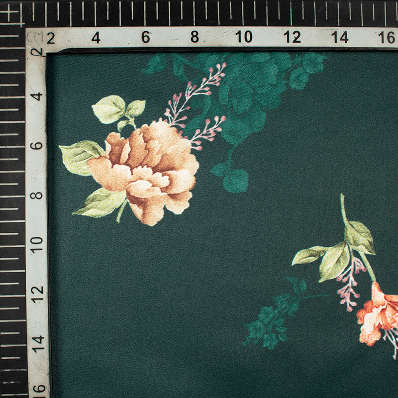 Dark Green And Peach Floral Pattern Digital Print Japan Satin Fabric - Fabcurate