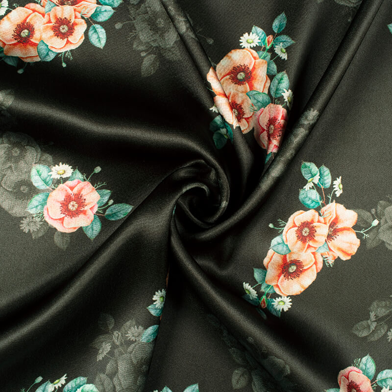 Dark Green And Peach Floral Pattern Digital Print Japan Satin Fabric - Fabcurate