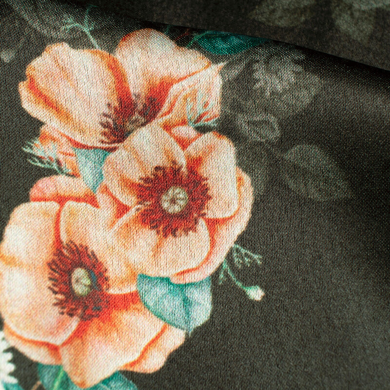 Dark Green And Peach Floral Pattern Digital Print Japan Satin Fabric - Fabcurate