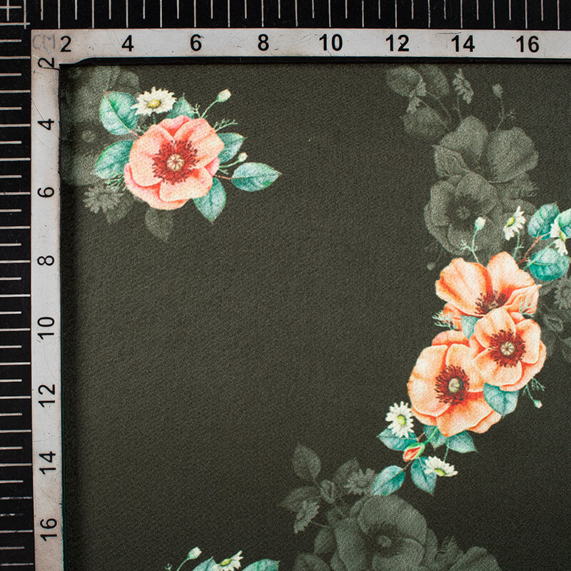 Dark Green And Peach Floral Pattern Digital Print Japan Satin Fabric - Fabcurate