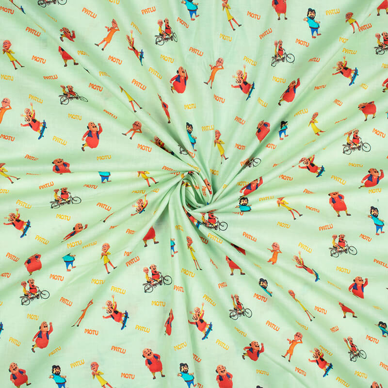 Light Pistachio Green And Red Kids Pattern Digital Print Cotton Cambric Fabric - Fabcurate