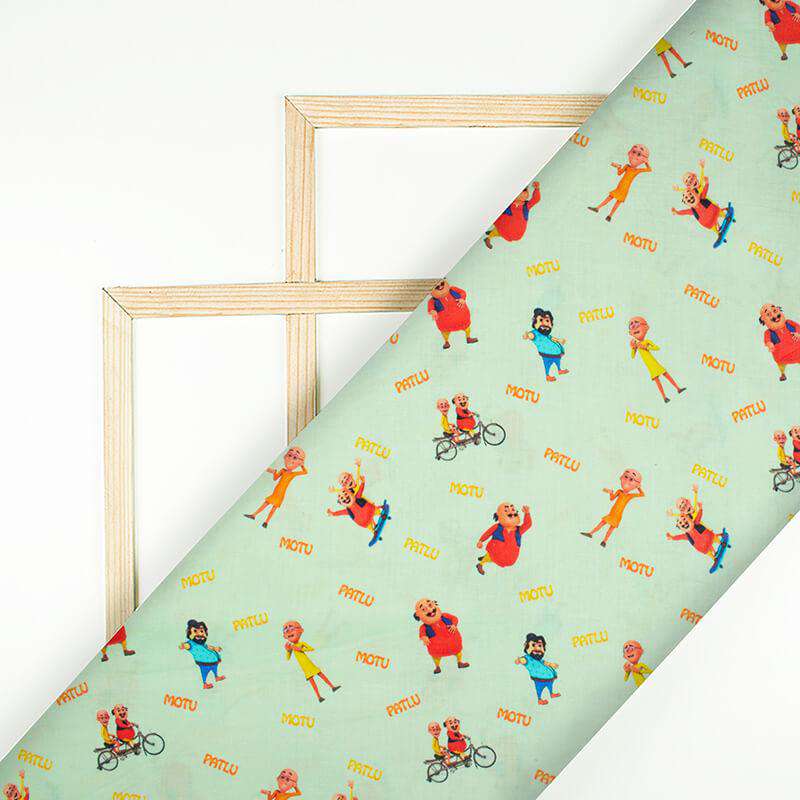 Light Pistachio Green And Red Kids Pattern Digital Print Cotton Cambric Fabric - Fabcurate