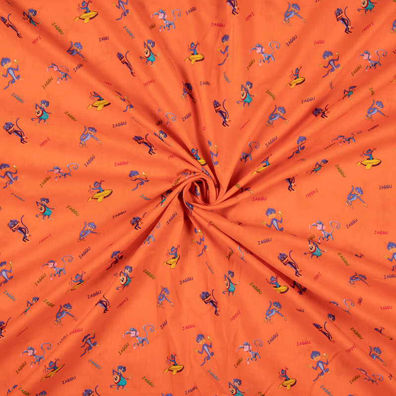 Salamander Orange And Blue Kids Pattern Digital Print Cotton Cambric Fabric - Fabcurate