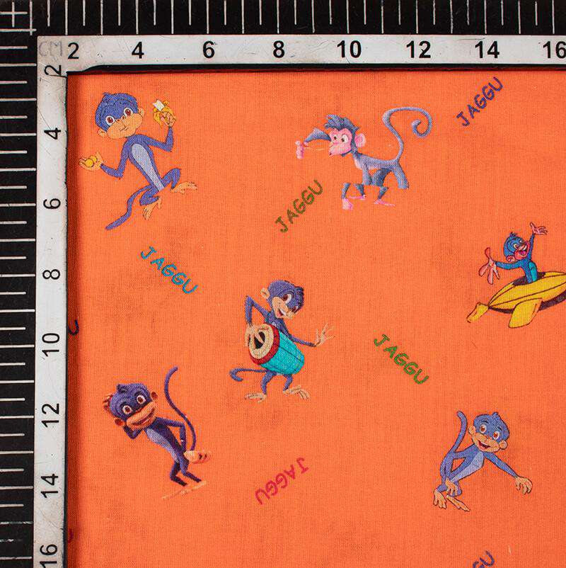 Salamander Orange And Blue Kids Pattern Digital Print Cotton Cambric Fabric - Fabcurate