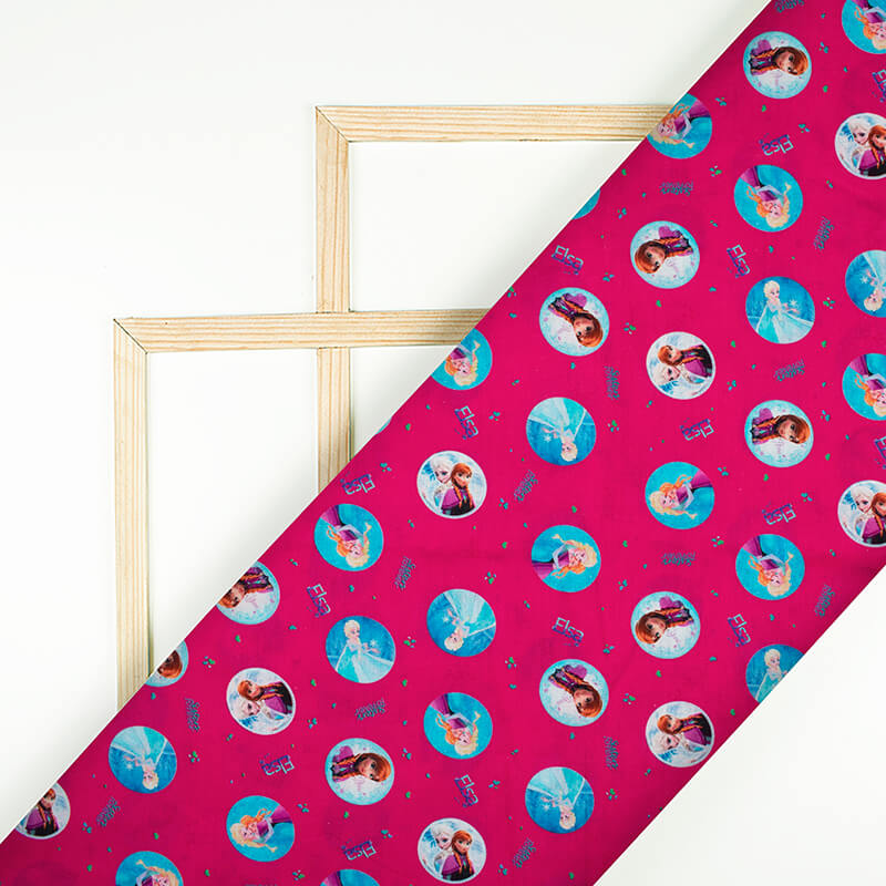 Claret Red And Sky Blue Kids Pattern Digital Print Cotton Cambric Fabric - Fabcurate