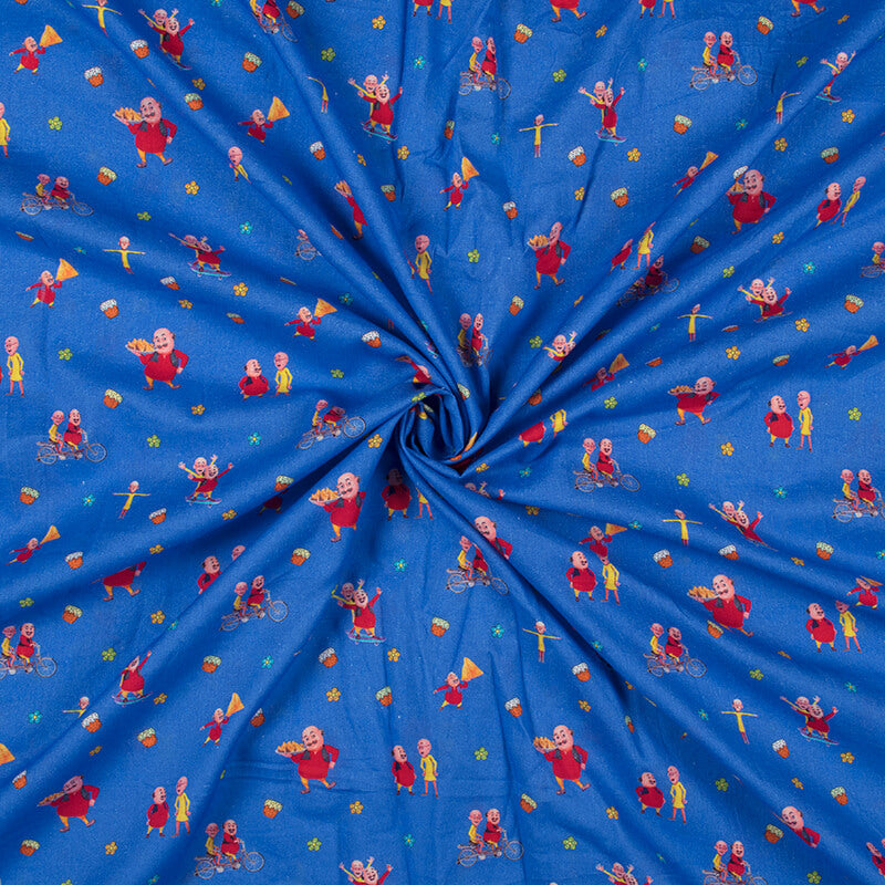 Sapphire Blue And Red Kids Pattern Digital Print Cotton Cambric Fabric - Fabcurate