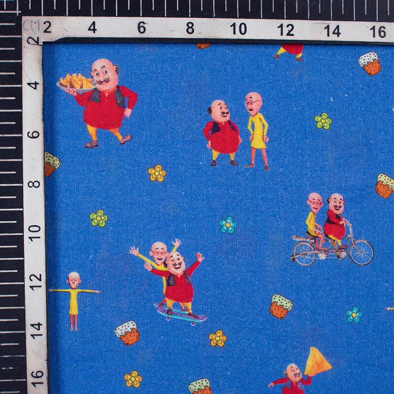 Sapphire Blue And Red Kids Pattern Digital Print Cotton Cambric Fabric - Fabcurate