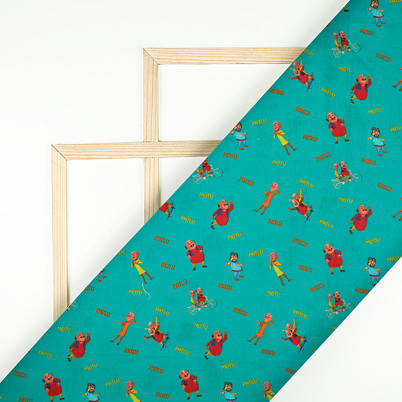 Aqua Blue And Red Kids Pattern Digital Print Cotton Cambric Fabric - Fabcurate