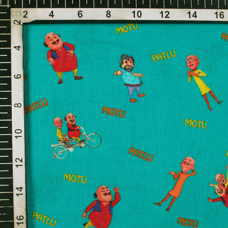 Aqua Blue And Red Kids Pattern Digital Print Cotton Cambric Fabric - Fabcurate