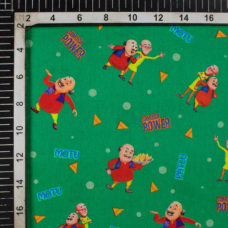 Green And Red Kids Pattern Digital Print Cotton Cambric Fabric - Fabcurate