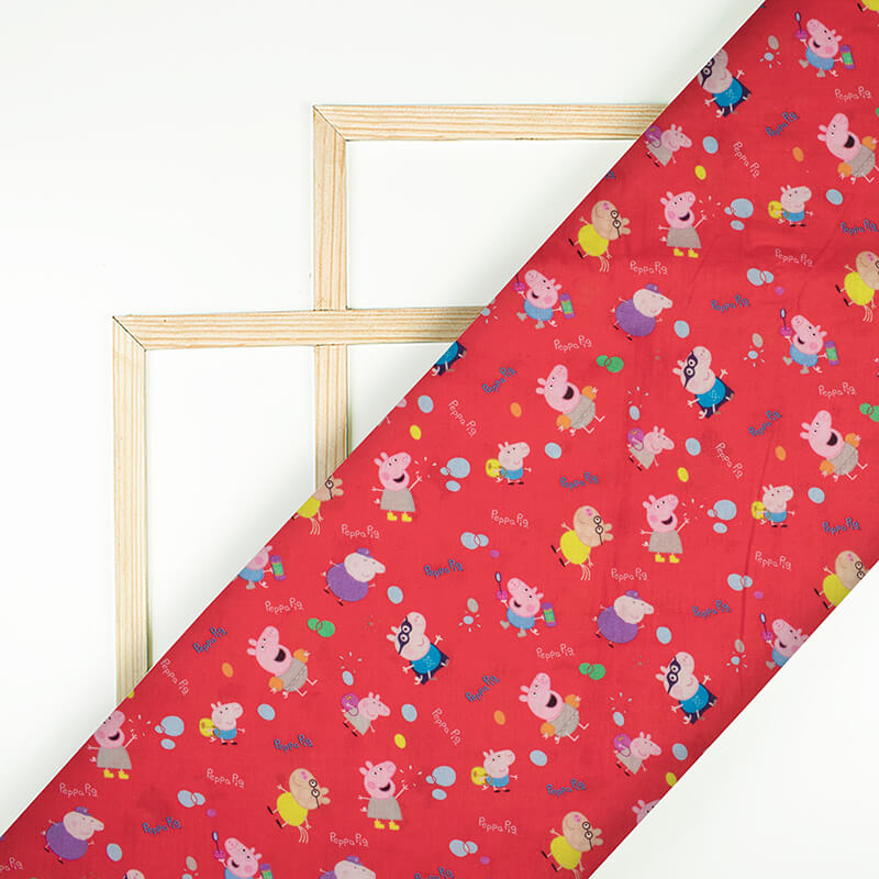 Red And Blue Kids Pattern Digital Print Cotton Cambric Fabric