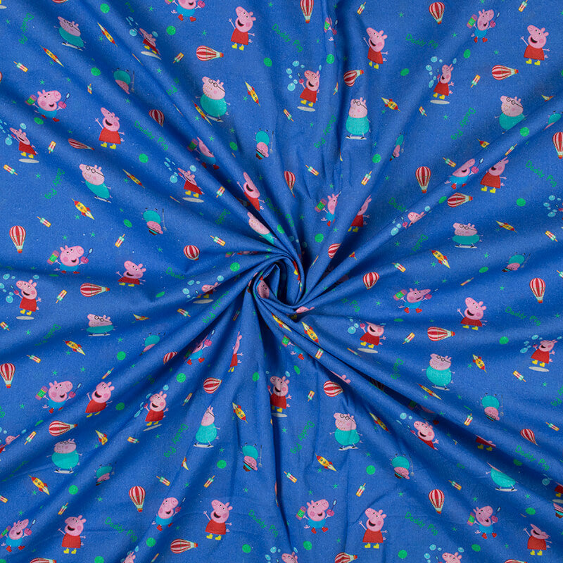 Sapphire Blue And Red Kids Pattern Digital Print Cotton Cambric Fabric - Fabcurate