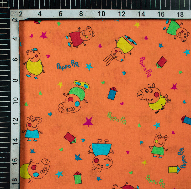 Orange And Red Kids Pattern Digital Print Cotton Cambric Fabric - Fabcurate