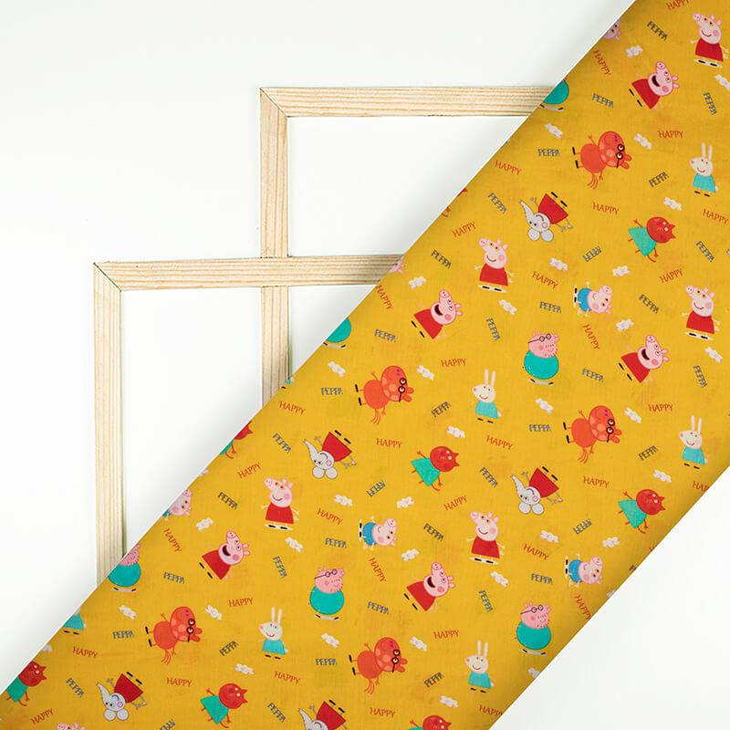 Marigold Yellow And Red Kids Pattern Digital Print Cotton Cambric Fabric - Fabcurate