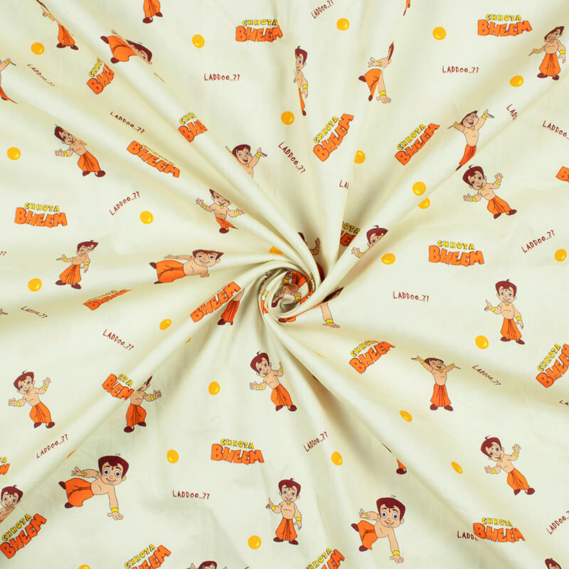 Cream And Orange Kids Pattern Digital Print Poplin Fabric - Fabcurate