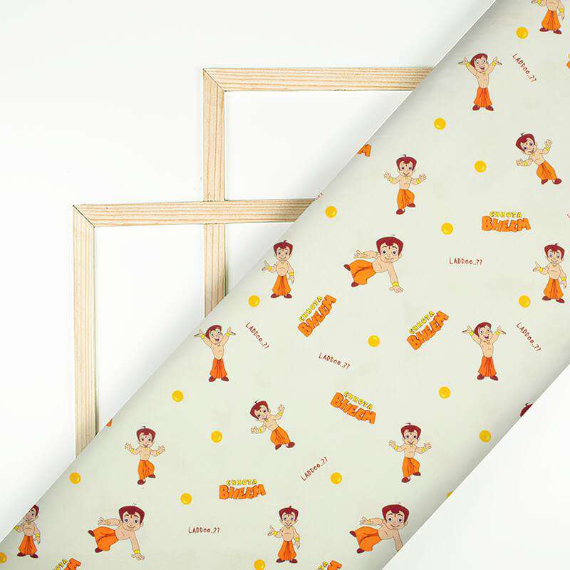 Cream And Orange Kids Pattern Digital Print Poplin Fabric - Fabcurate