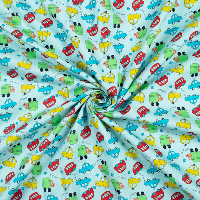 Celeste Blue And Red Kids Pattern Digital Print Poplin Fabric - Fabcurate