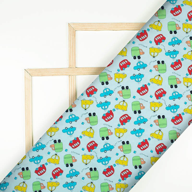 Celeste Blue And Red Kids Pattern Digital Print Poplin Fabric - Fabcurate