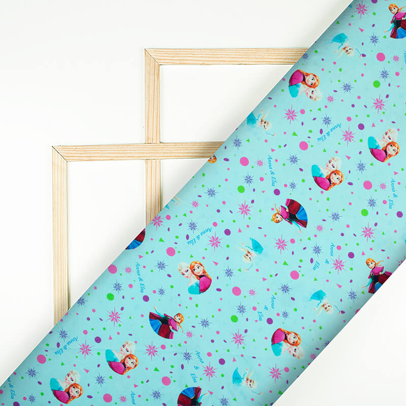 Sky Blue And Fuchsia Kids Pattern Digital Print Poplin Fabric - Fabcurate