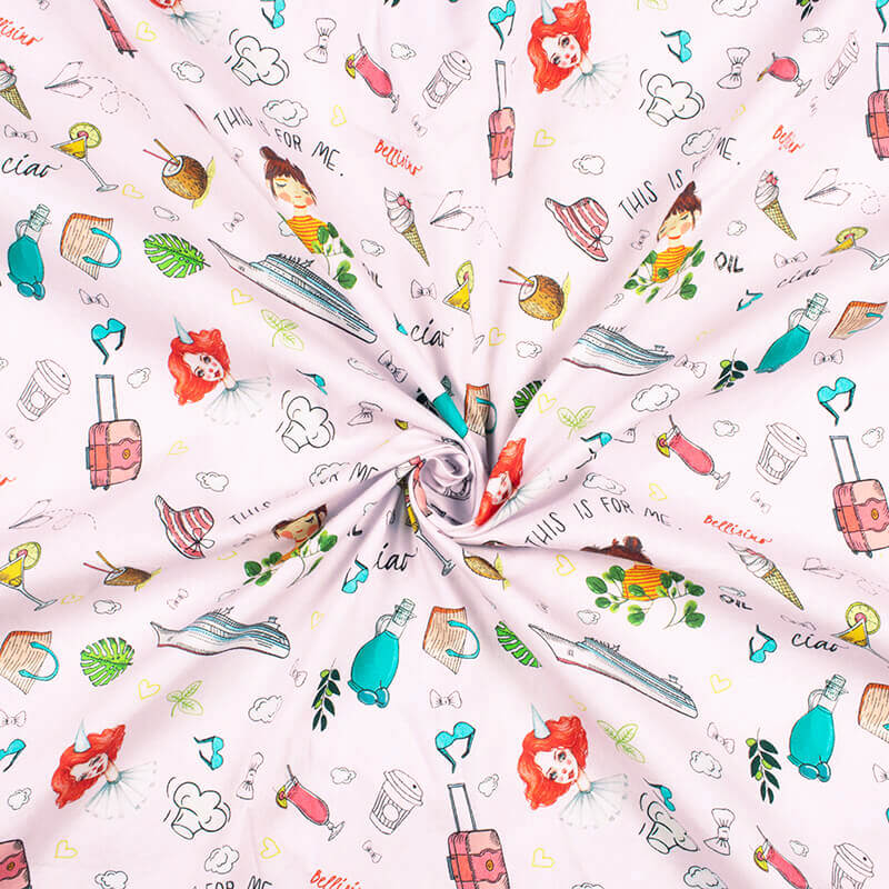 Baby Pink And Cherry Red Kids Pattern Digital Print Poplin Fabric - Fabcurate