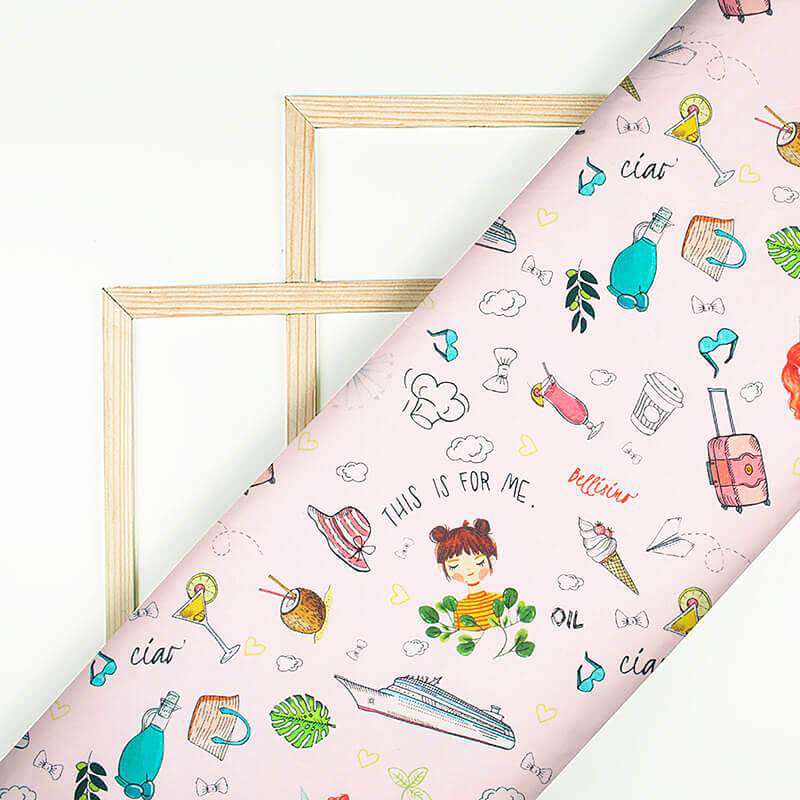 Baby Pink And Cherry Red Kids Pattern Digital Print Poplin Fabric - Fabcurate