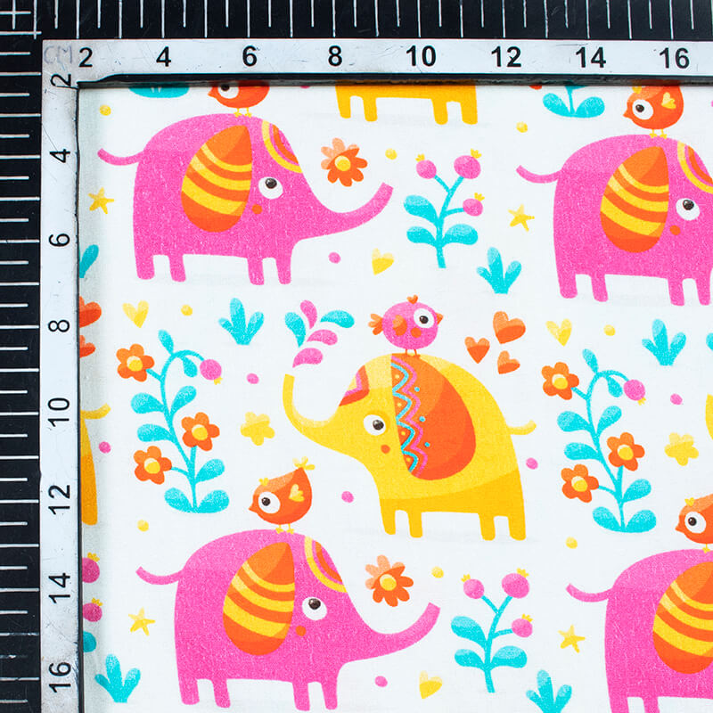Off White And Fuchsia Kids Pattern Digital Print Poplin Fabric - Fabcurate