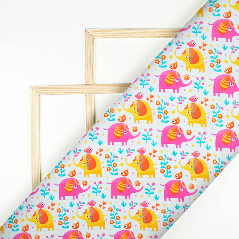 Off White And Fuchsia Kids Pattern Digital Print Poplin Fabric - Fabcurate