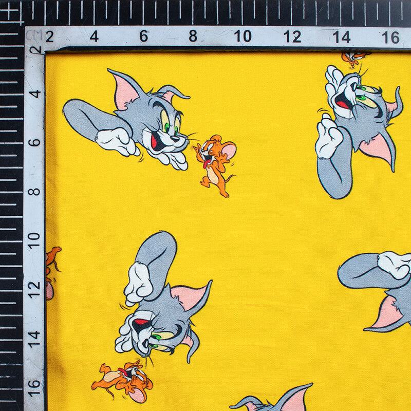 Yellow And Grey Kids Pattern Digital Print Poplin Fabric - Fabcurate