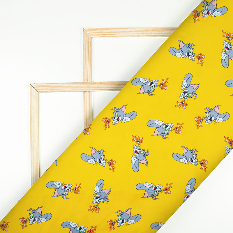 Yellow And Grey Kids Pattern Digital Print Poplin Fabric - Fabcurate