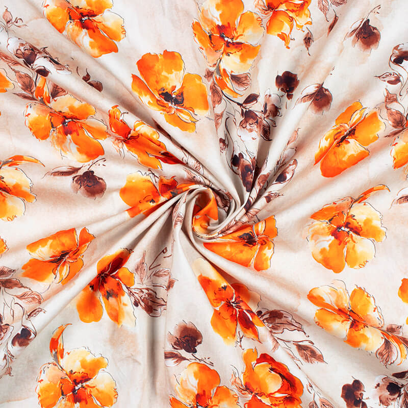 Beige And Orange Floral Pattern Digital Print Poplin Fabric - Fabcurate