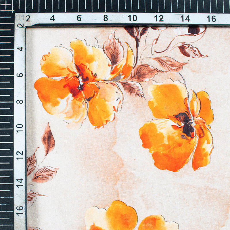 Beige And Orange Floral Pattern Digital Print Poplin Fabric - Fabcurate