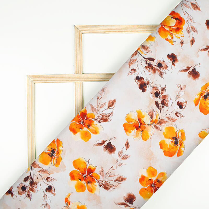 Beige And Orange Floral Pattern Digital Print Poplin Fabric - Fabcurate