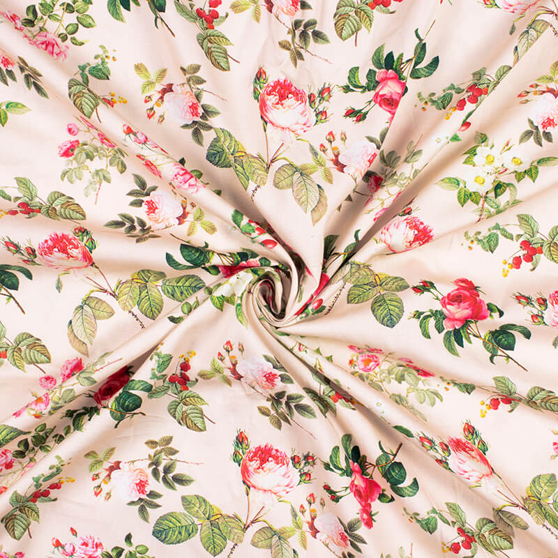 Lemonade Pink And Red Floral Pattern Digital Print Poplin Fabric - Fabcurate