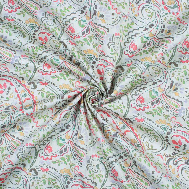 Delicate White And Pastel Green Paisley Pattern Digital Print Poplin Fabric - Fabcurate