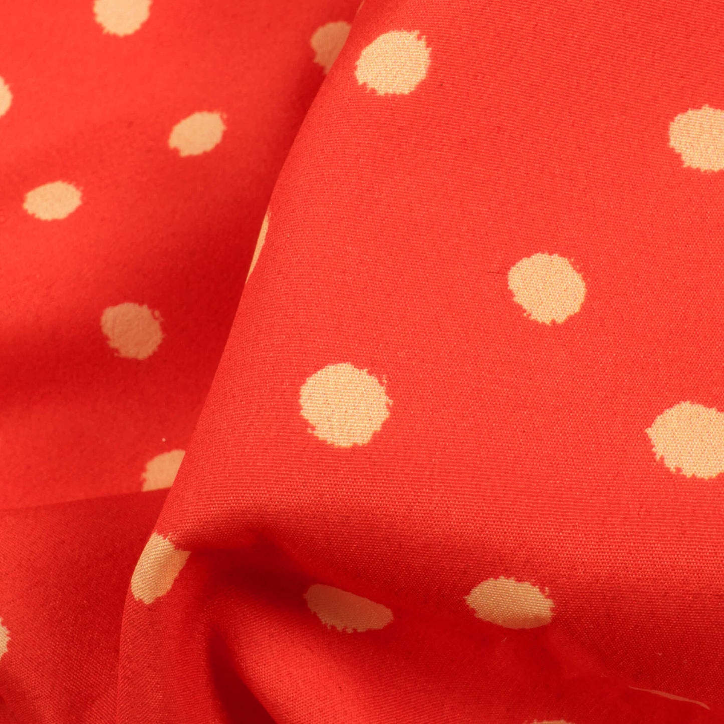 Fire Orange And Cream Polka Dots Pattern Digital Print French Crepe Fabric - Fabcurate