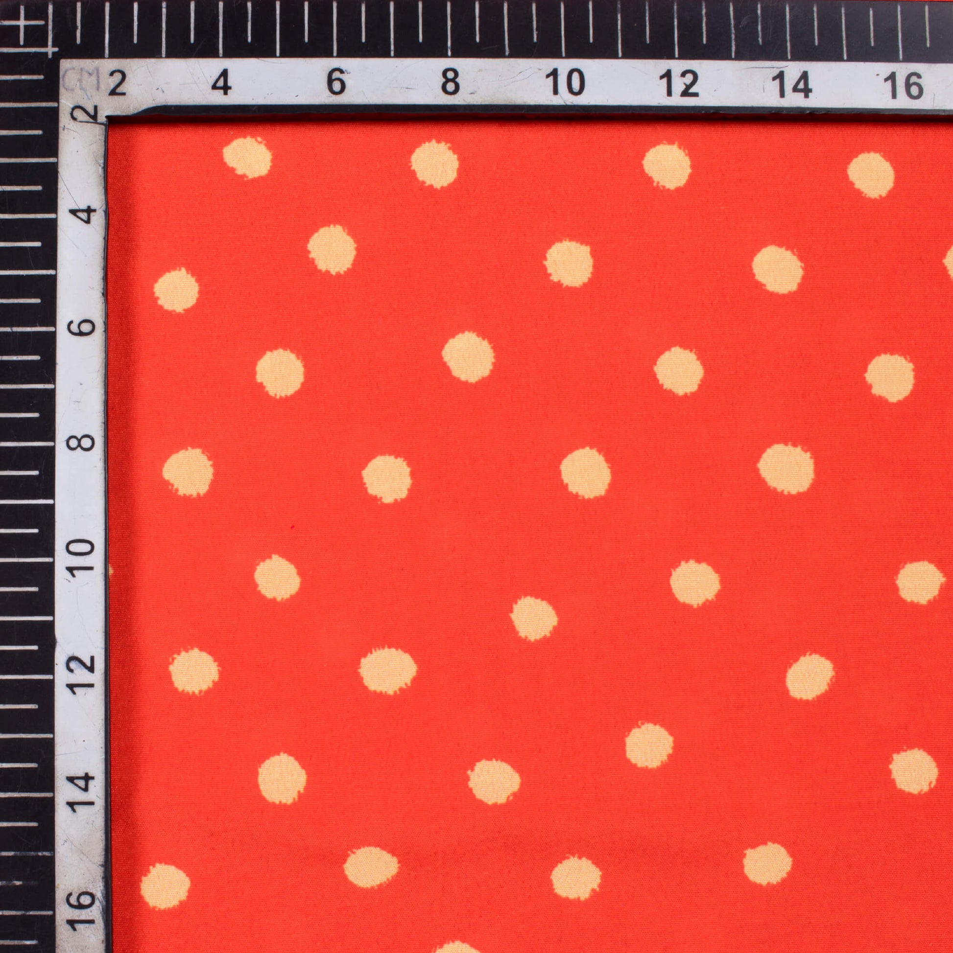 Fire Orange And Cream Polka Dots Pattern Digital Print French Crepe Fabric - Fabcurate