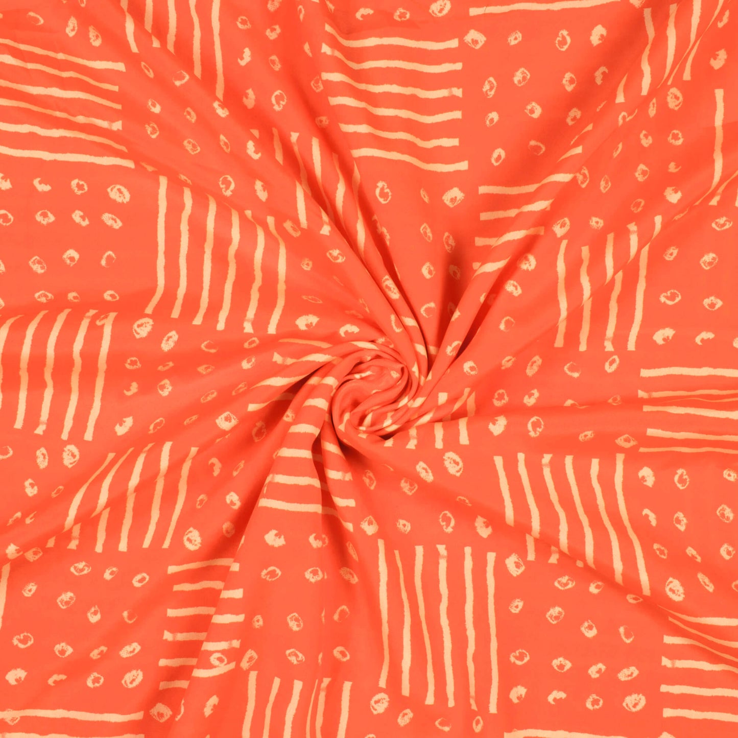 Orange And Cream Bandhanii Pattern Digital Print Crepe Satin Fabric