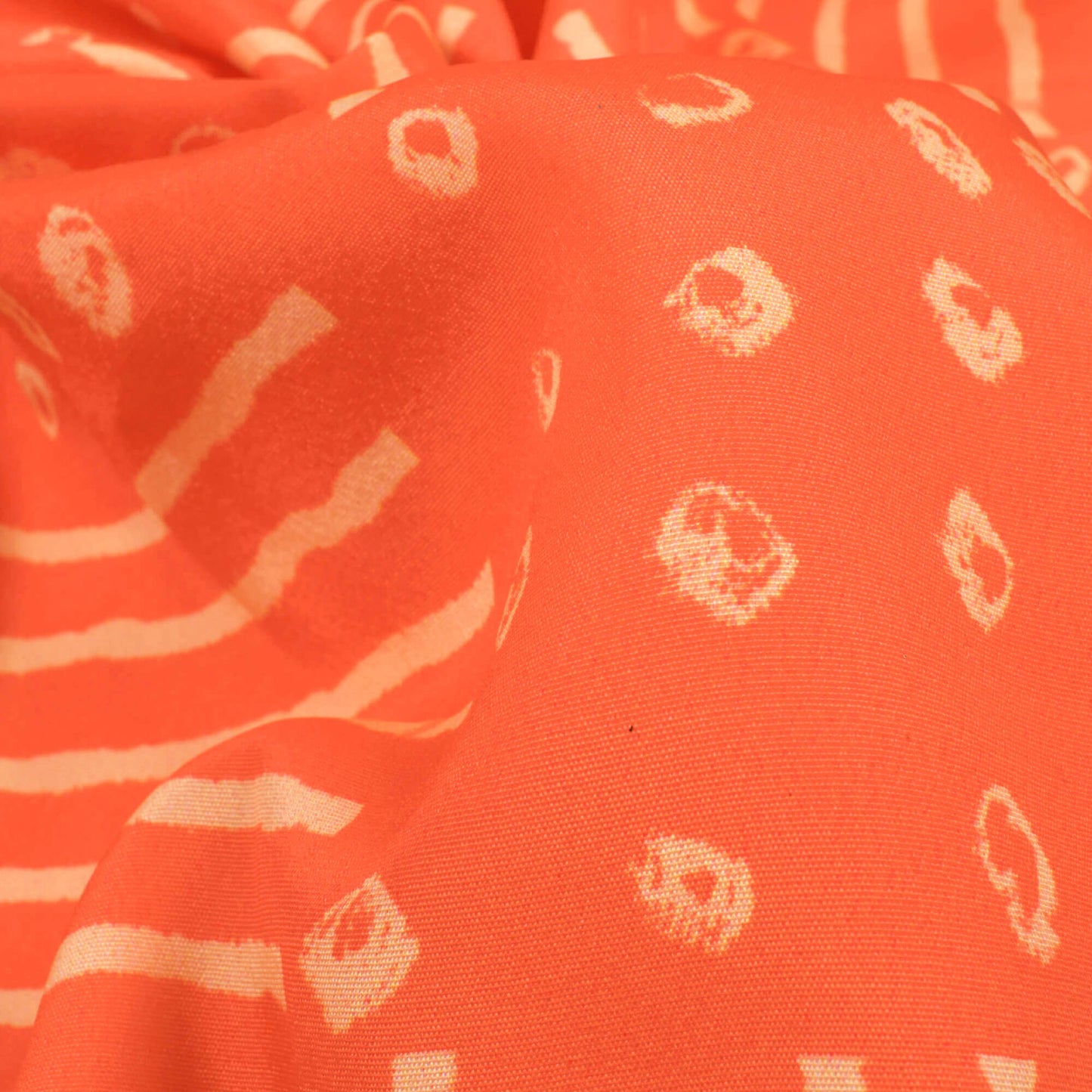 Orange And Cream Bandhanii Pattern Digital Print Crepe Satin Fabric
