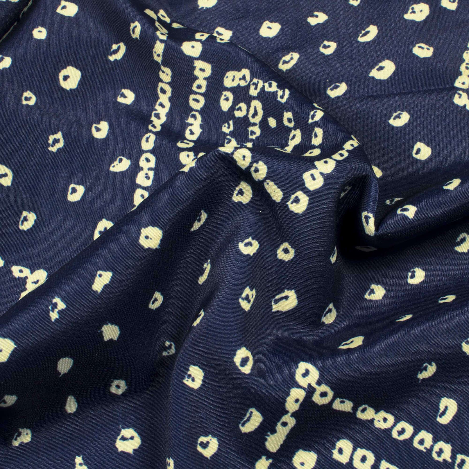 Navy Blue And Cream Bandhani Pattern Digital Print French Crepe Fabric - Fabcurate