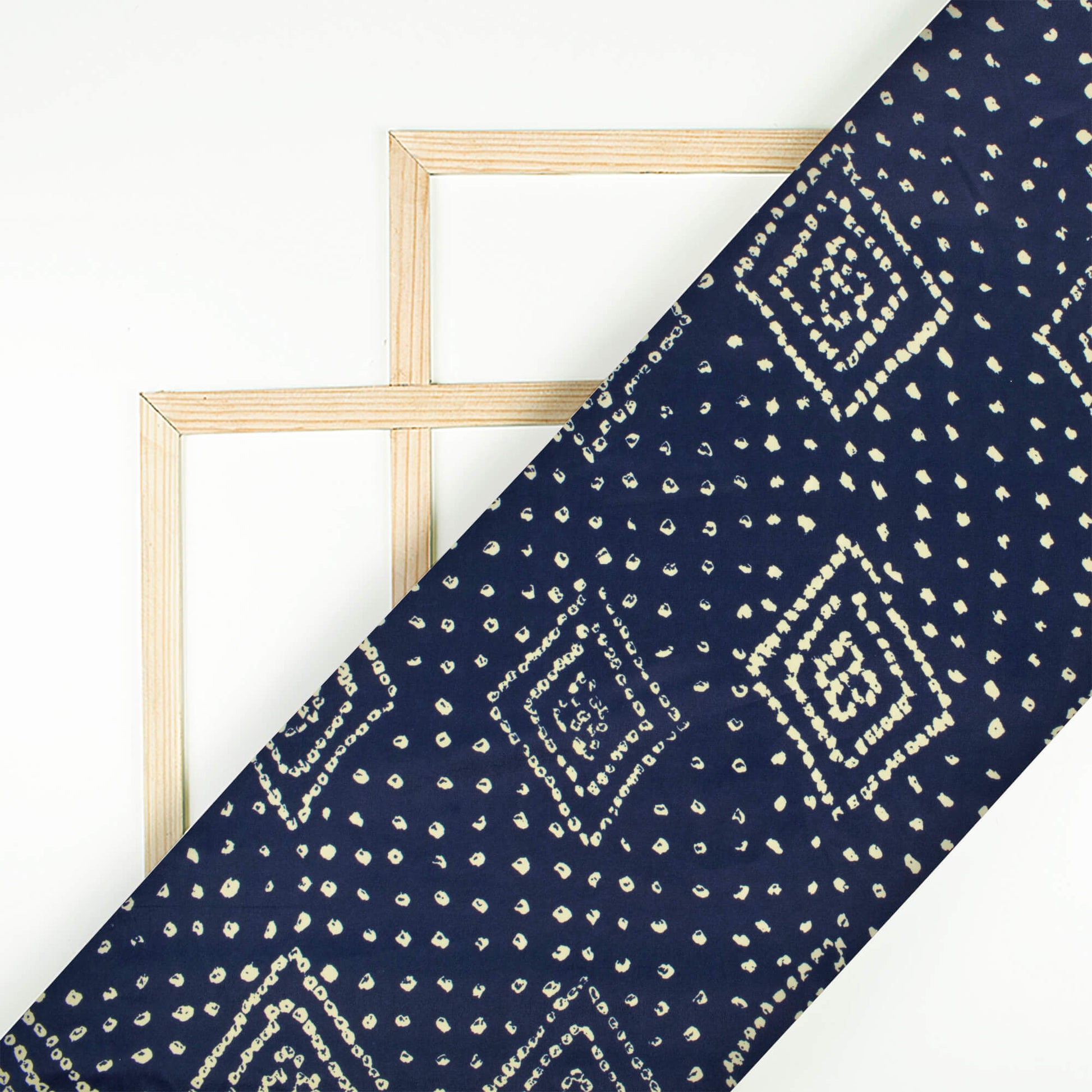 Navy Blue And Cream Bandhani Pattern Digital Print French Crepe Fabric - Fabcurate