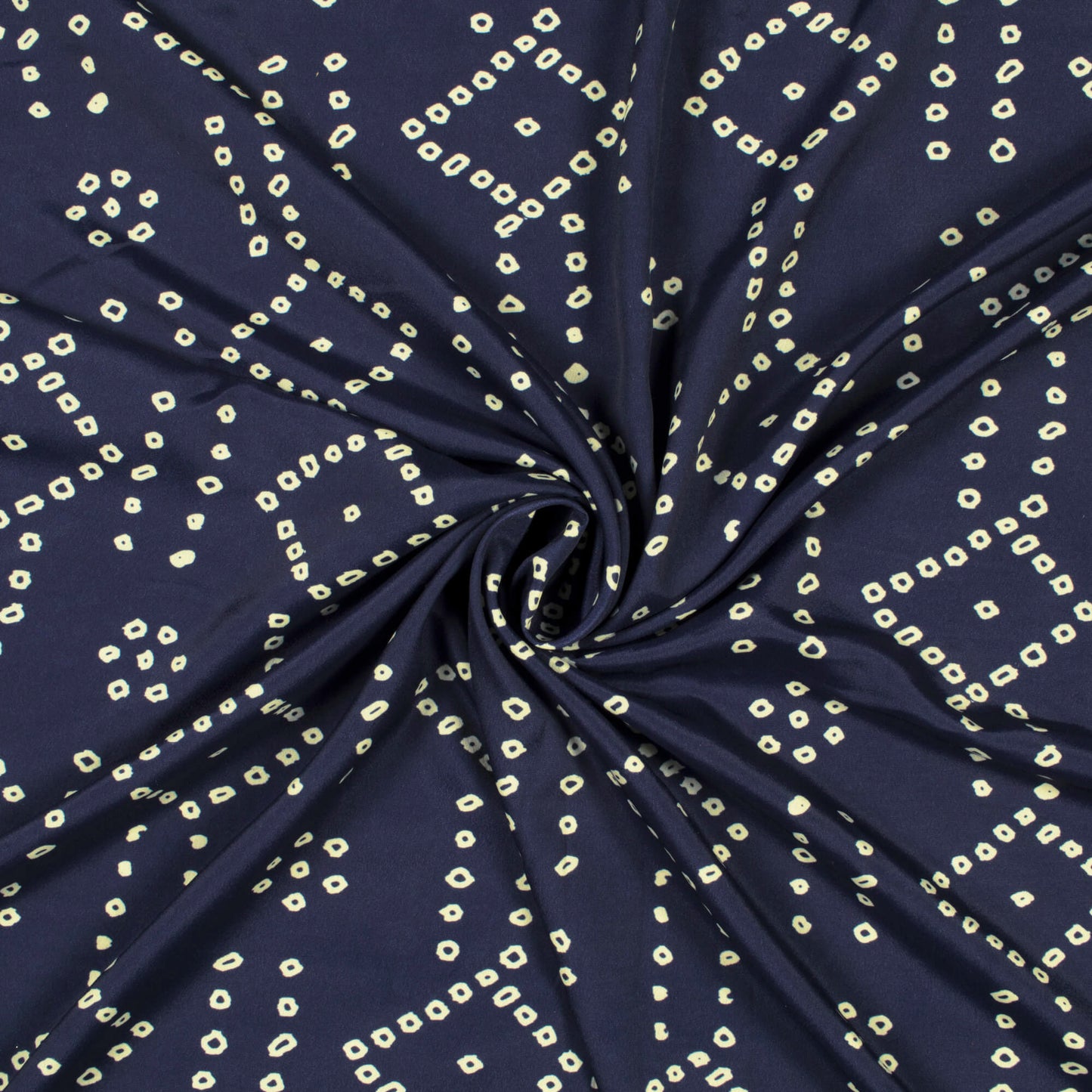 Navy Blue And Cream Bandhanii Pattern Digital Print Crepe Satin Fabric